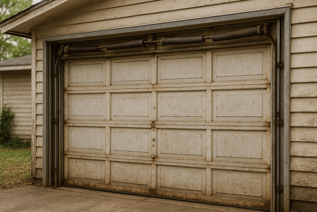 Old rusted garage door with worn panels and springs, showing need for garage door repairs.