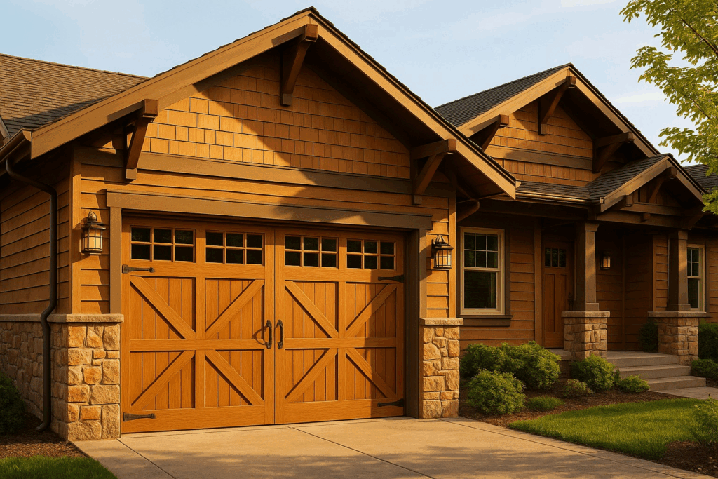 Craftsman-style home with wood-look carriage modern garage doors.