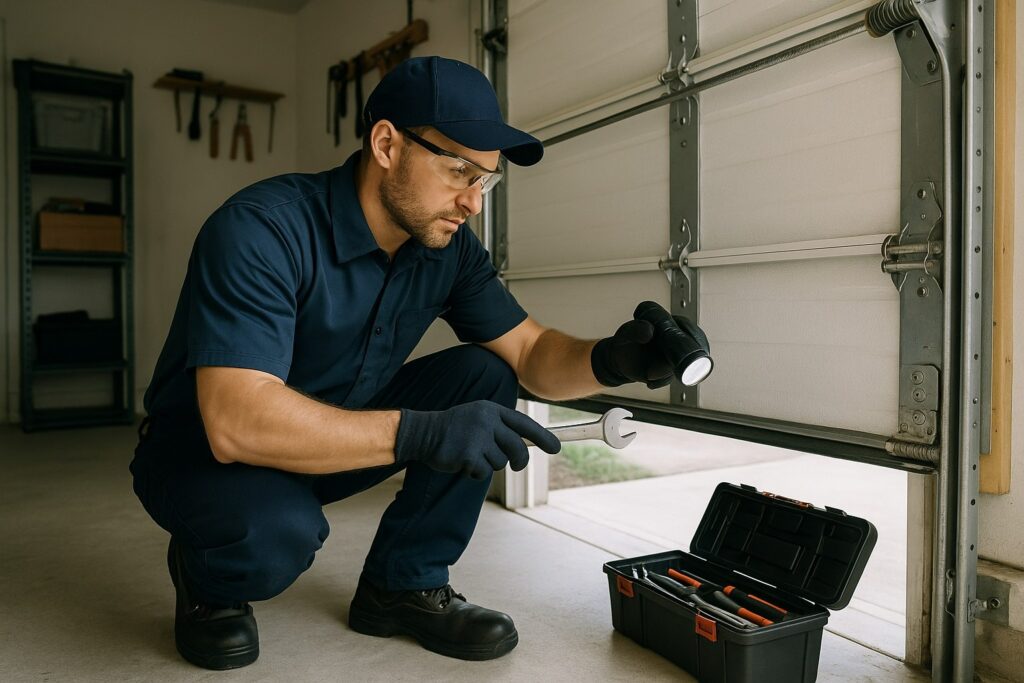 Technician performing garage door maintenance by inspecting metal tracks and hardware for alignment and safety.