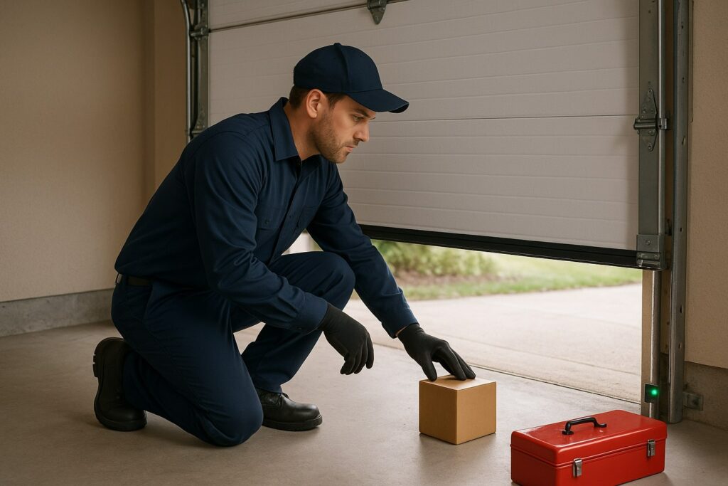 Technician performing garage door maintenance by testing safety sensors with an object to ensure proper automatic reversal.