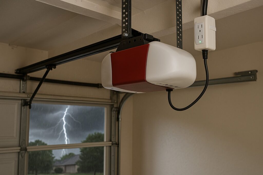 Garage door repair close up of a garage door opener with surge protector during a storm.