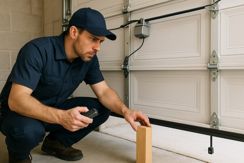 Technician performing a garage door tune-up by testing the safety sensors and alignment using a wooden block and remote control.