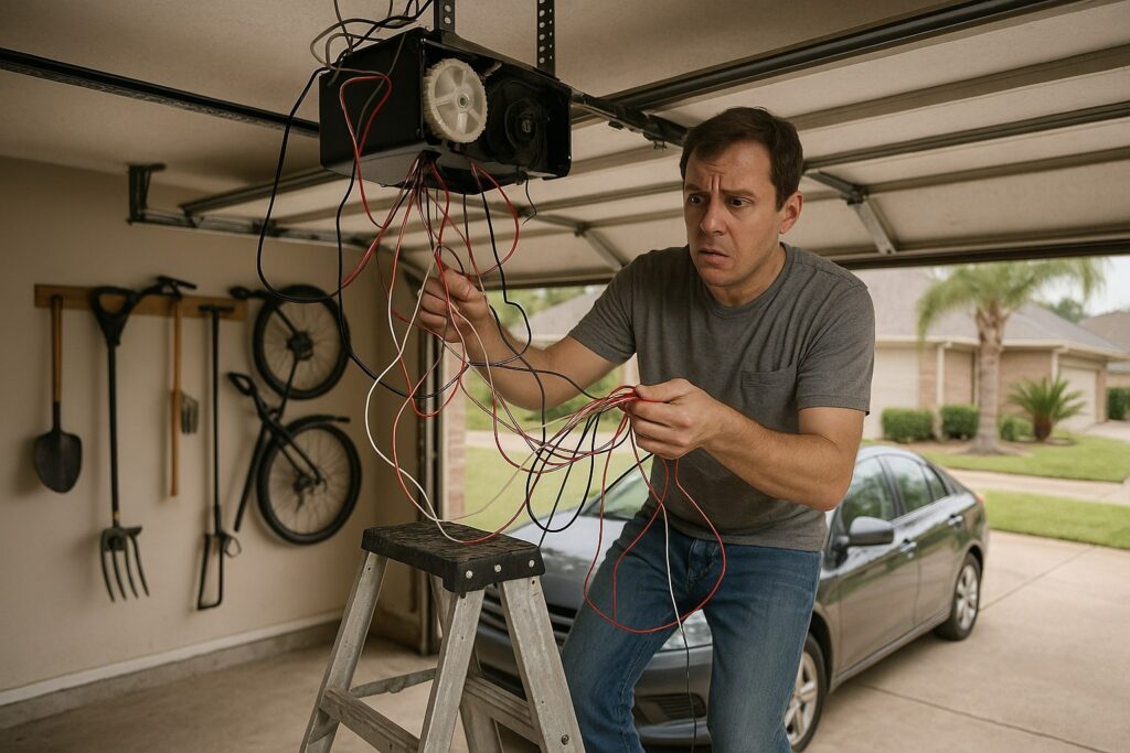 Man attempting garage door opener repair with tangled wires inside a residential garage.