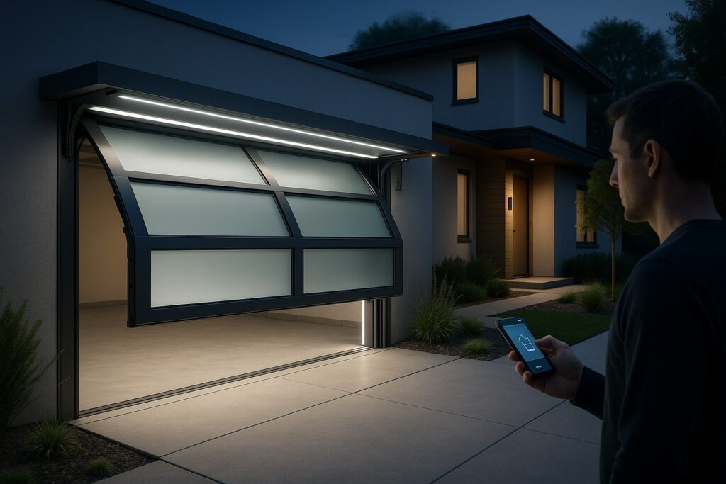 A man uses his phone to open modern automatic garage doors at a contemporary home during dusk.