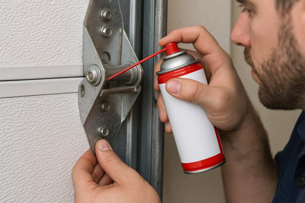 Garage door repair close up of a technician lubricating a garage door hinge.