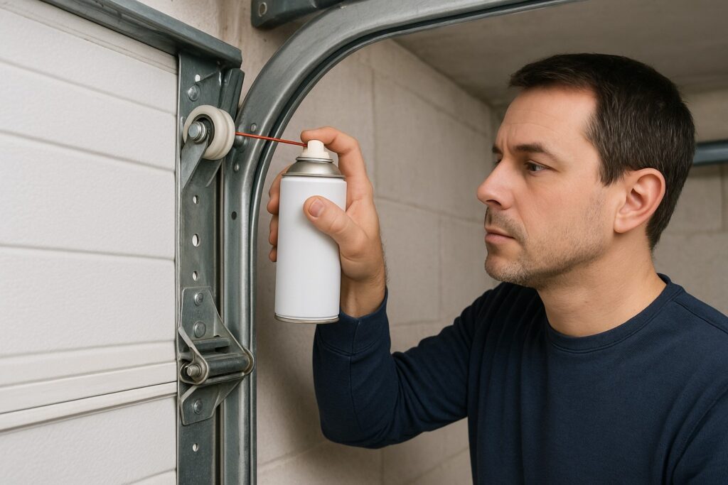Garage door troubleshooting: man lubricating a garage door roller and hinge with a spray can.